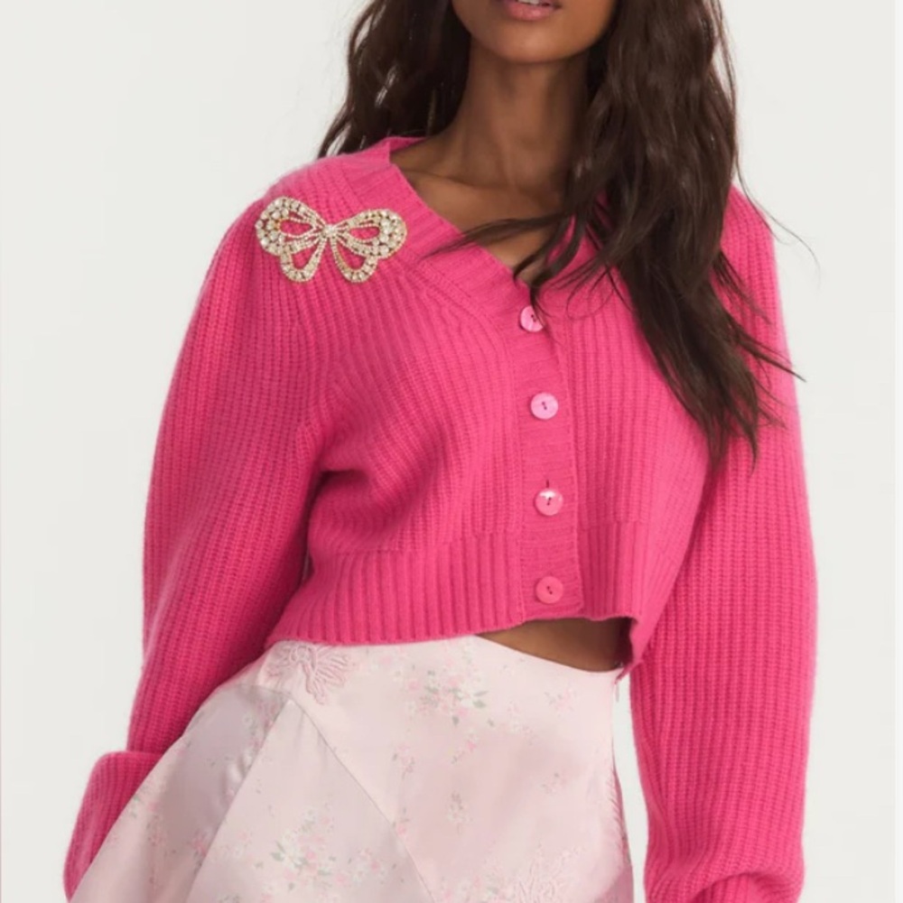 EUC LoveShackFancy Larsa rhinestone Bow Crop Cardigan Sweater - Medium